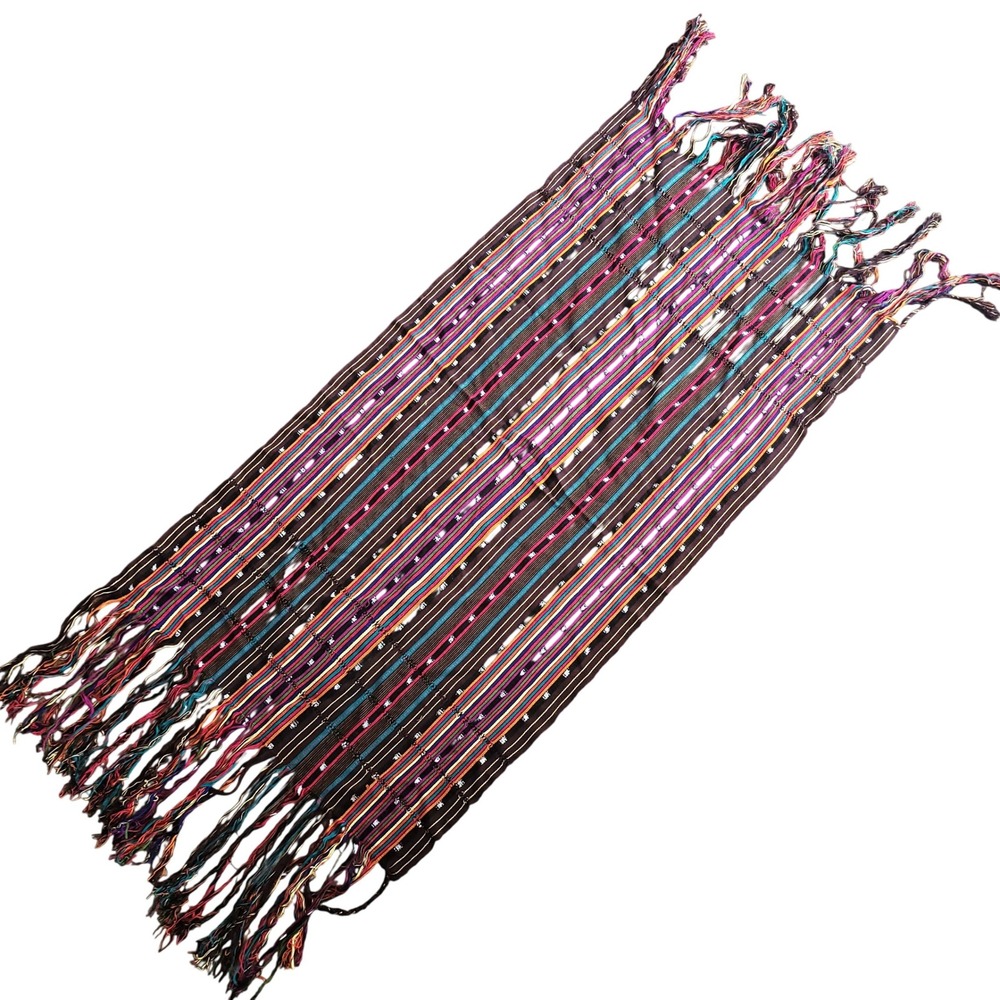 Handwoven Striped Textile Scarf Multi Color Fringed Table Runner Wall Hanging